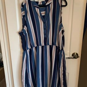 Sleeveless Button-Front Vertical Stripe Midi Dress in Navy, White & Blush